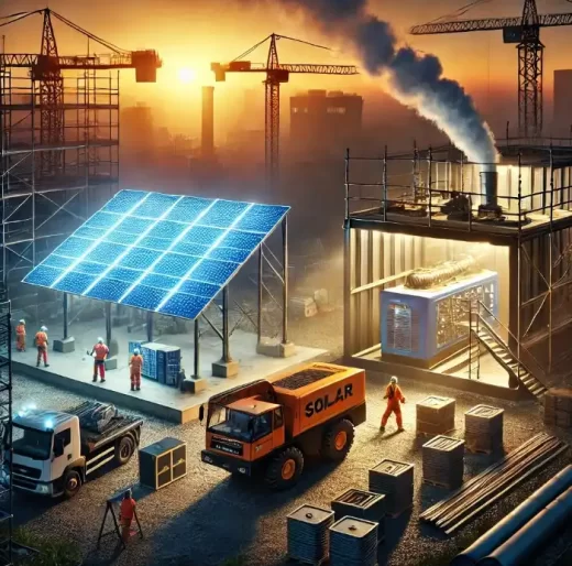 Imagem comparativa de geradores solares e geradores a diesel em obras, mostrando painel solar, caminhão e fumaça de gerador, destacando a modernidade e eficiência das energias renováveis.