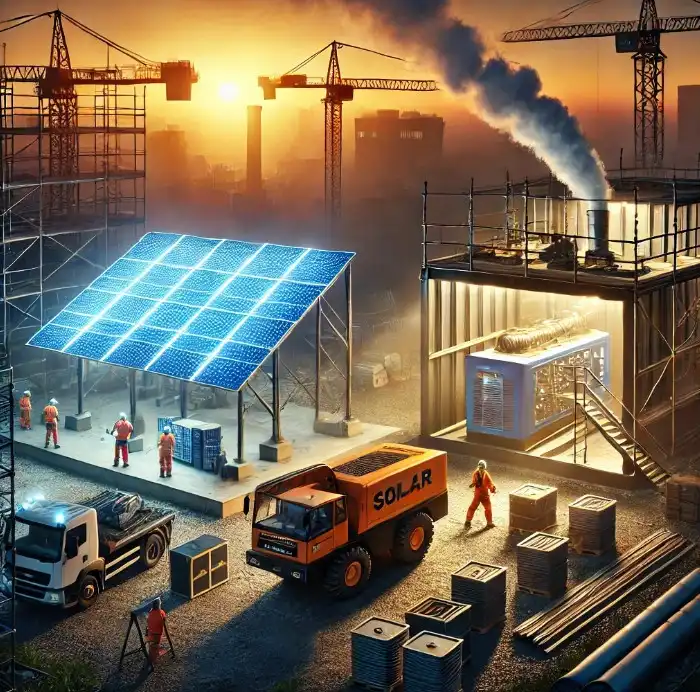 Imagem comparativa de geradores solares e geradores a diesel em obras, mostrando painel solar, caminhão e fumaça de gerador, destacando a modernidade e eficiência das energias renováveis.